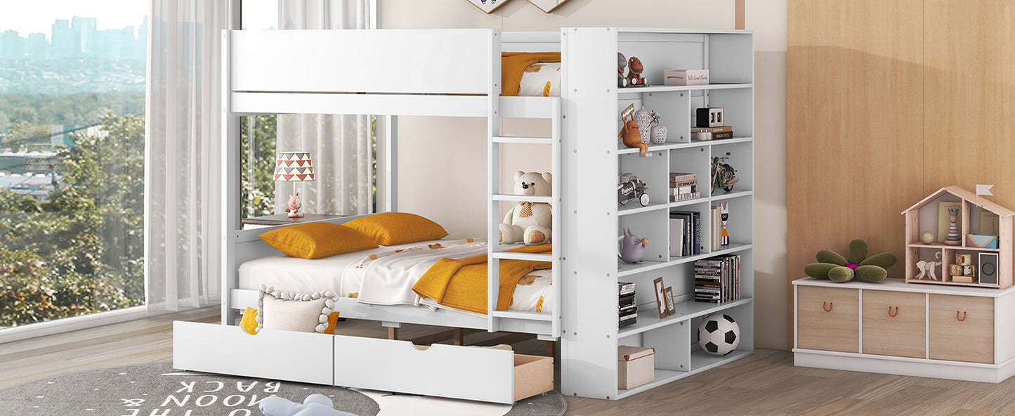 White Full over Full Bunk Bed with Bonus Storage and Multi-layer Cabinet