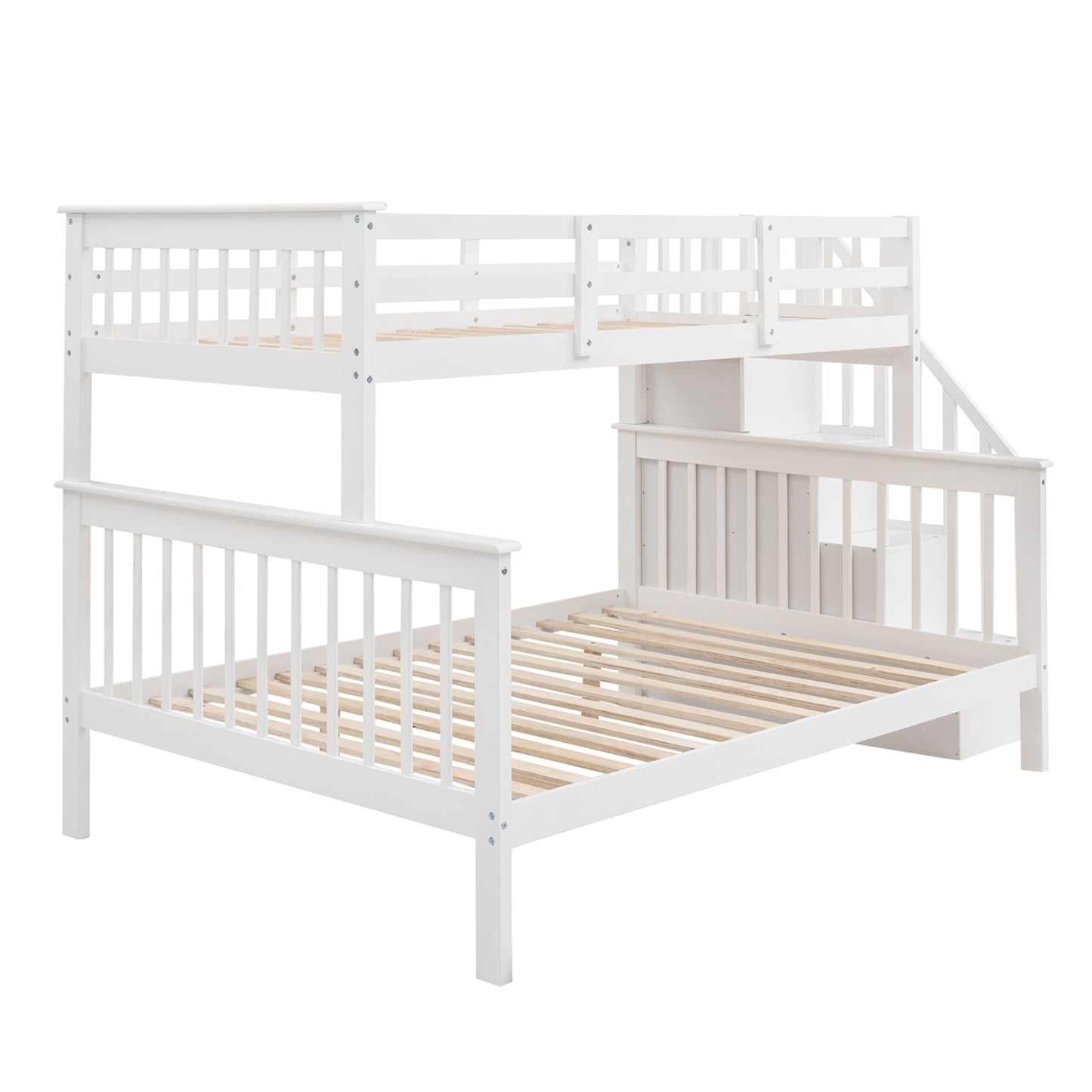 White Twin-Over-Full Bunk Bed with Staircase Storage and Guard Rail