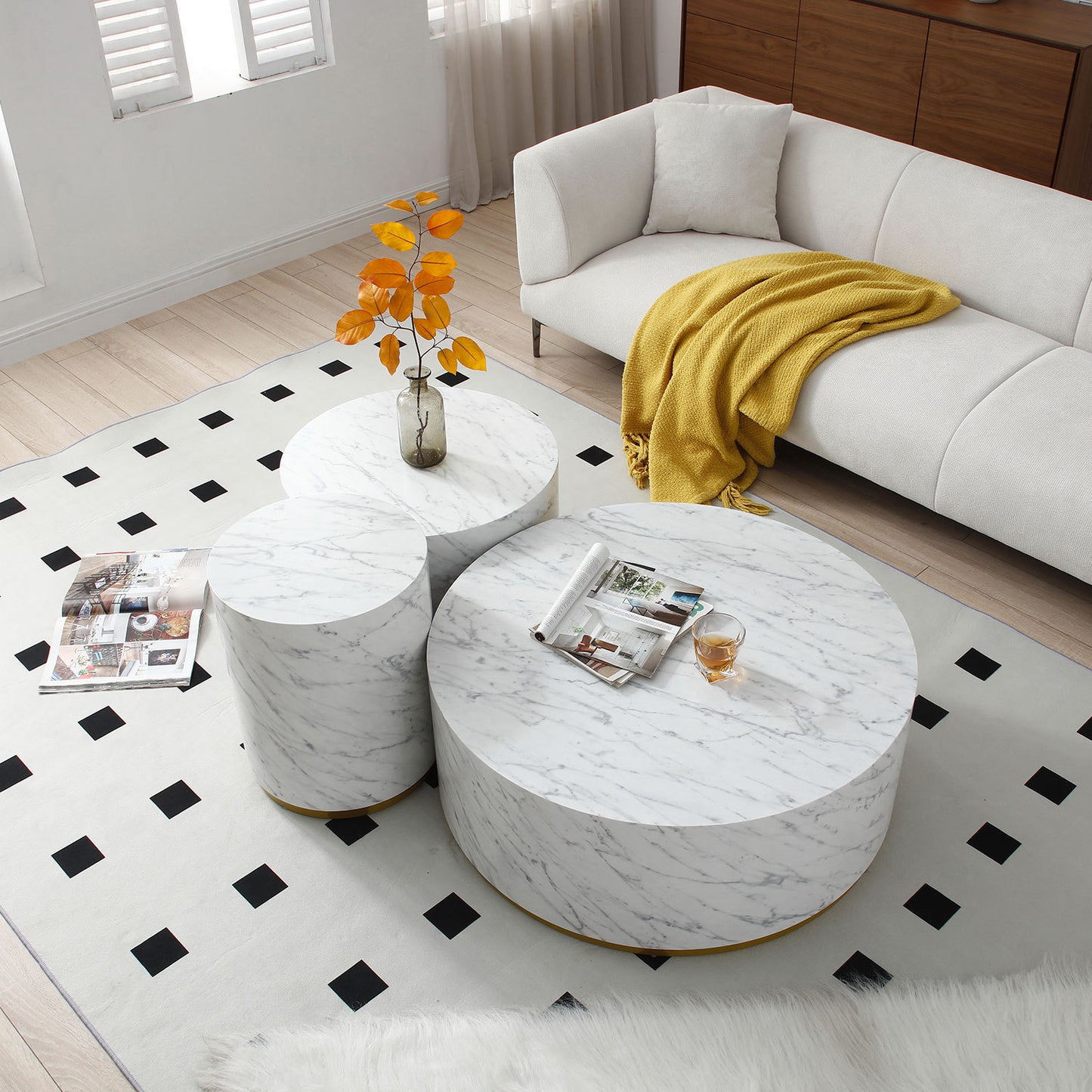 Elegant Set of 3 White Marble Pattern Coffee Tables for Stylish Living Rooms