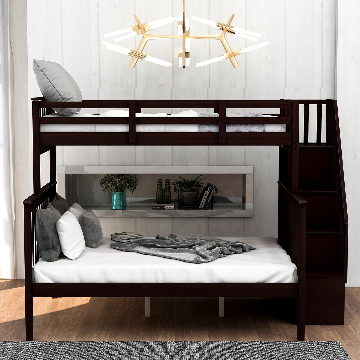 Elegant Espresso Twin-Over-Full Bunk Bed with Storage and Guard Rail