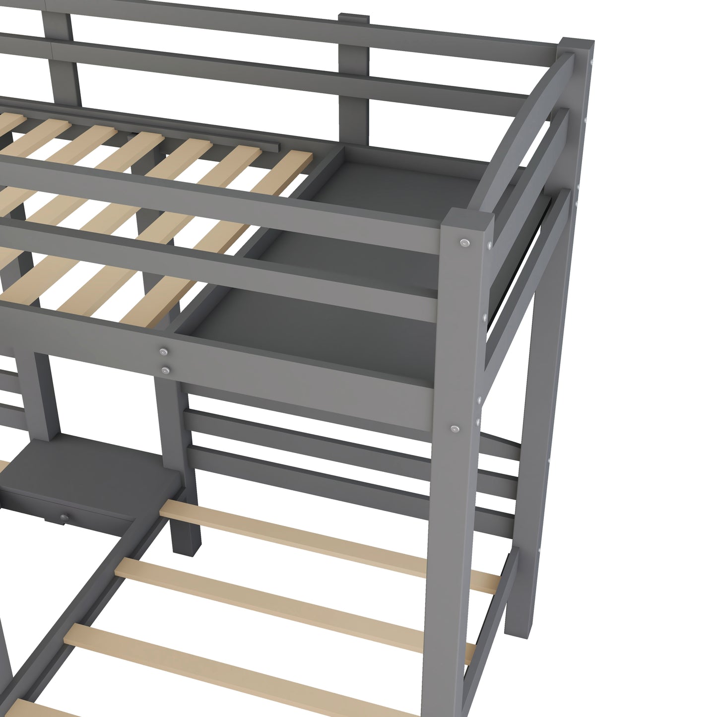 Gray Triple Twin Bunk Bed with Staircase and Storage Drawer