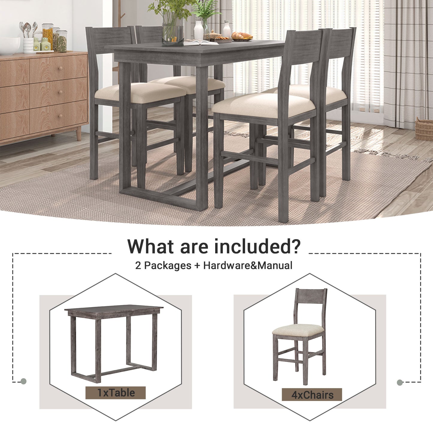 Farmhouse Counter Height 5-Piece Dining Table Set with 1 Rectangular Dining Table and 4 Dining Chairs for Small Places,Gray