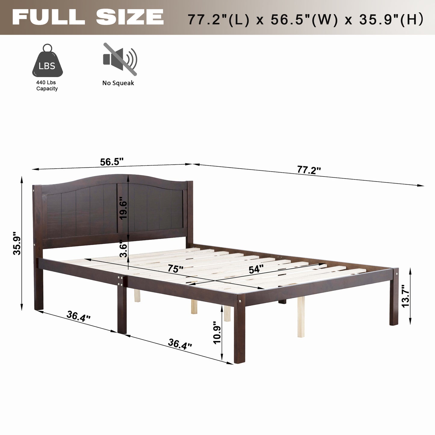 Full Size Bed, Wood Platform Bed Frame with Headboard For Kids, Slatted, Dark Walnut