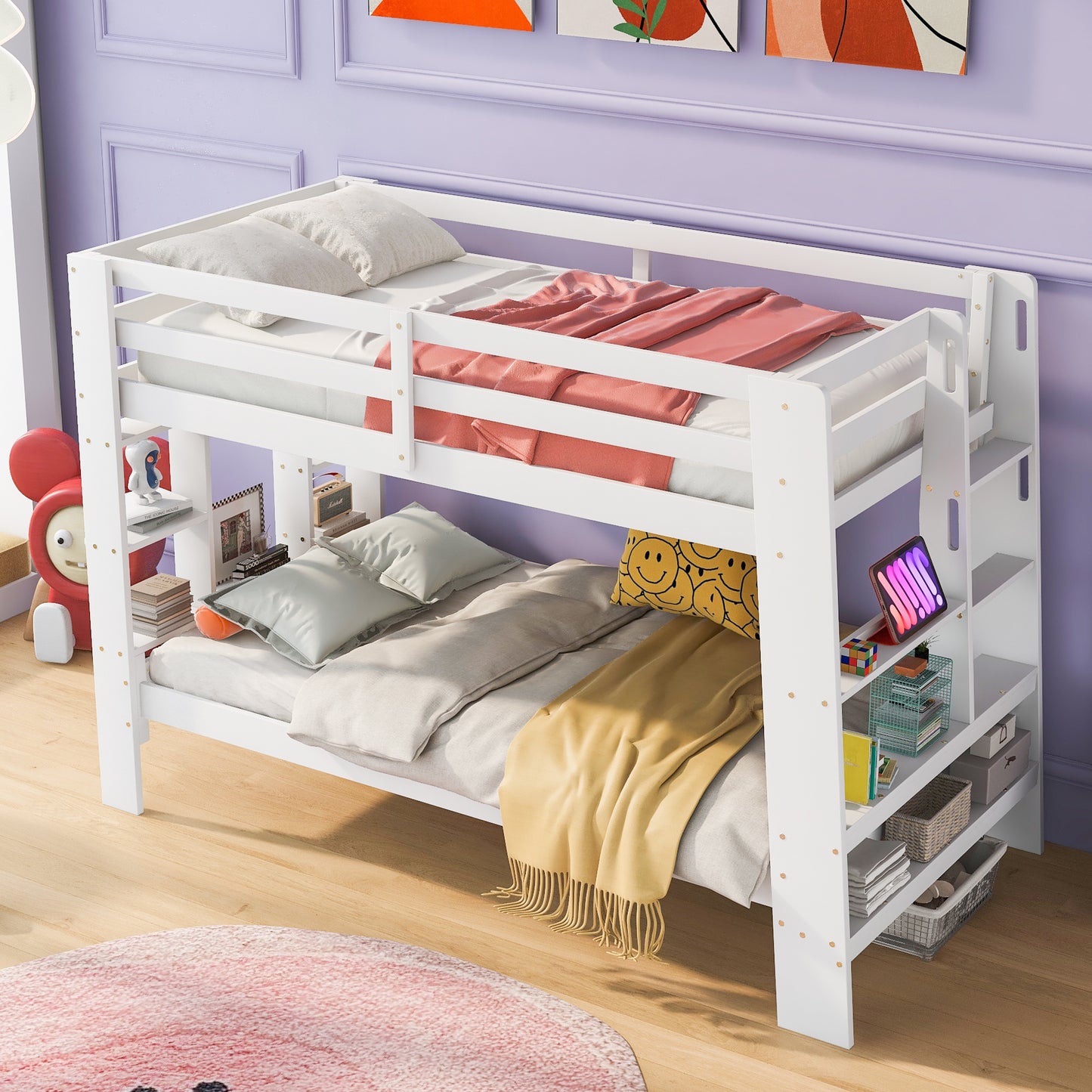 White Bunk Bed with Twin Shelves and Built-in Ladder