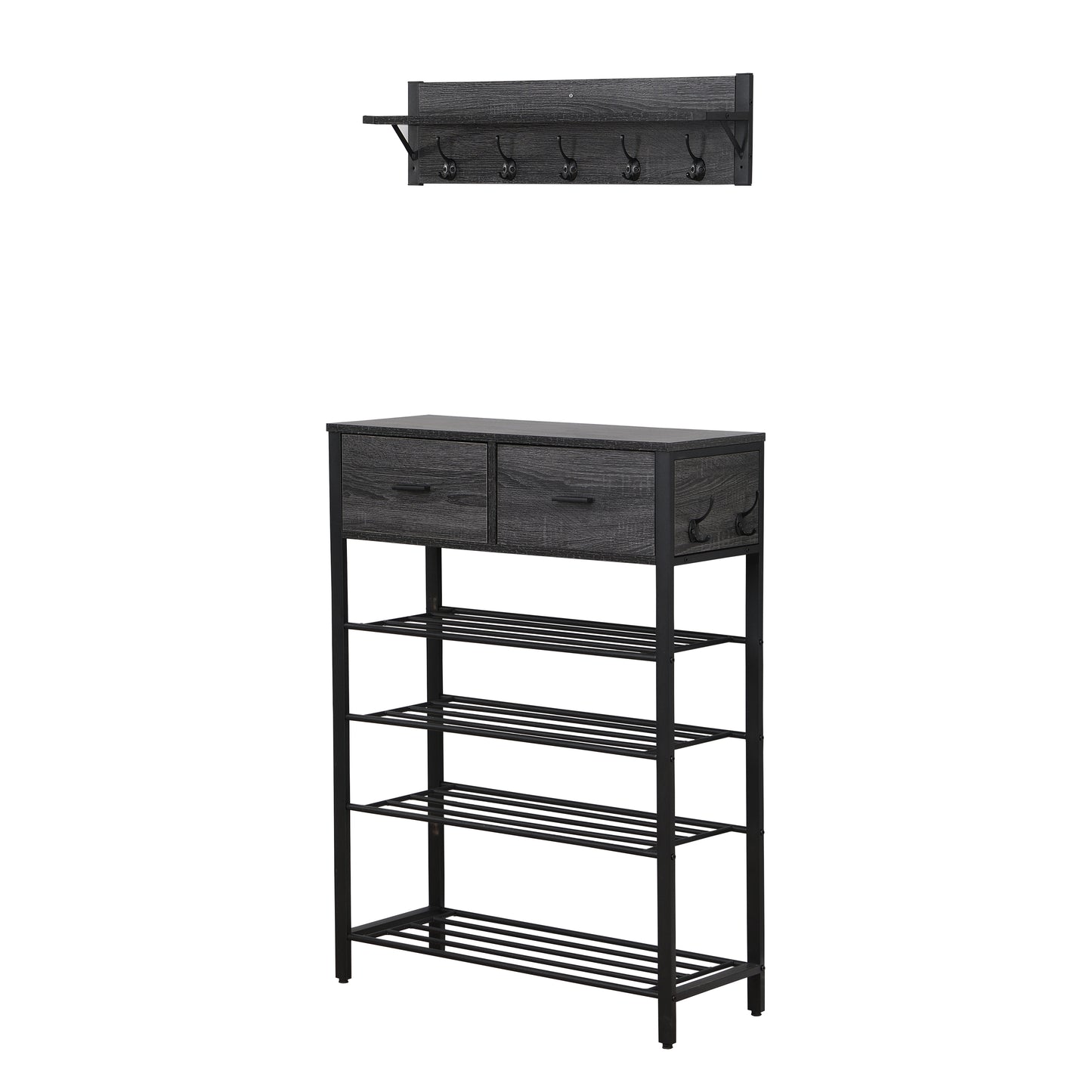 Entryway 4-tier Shoe Shelf with Two Drawers and Coat Rack, One Set Entryway Show Rack with Storage and Hooks