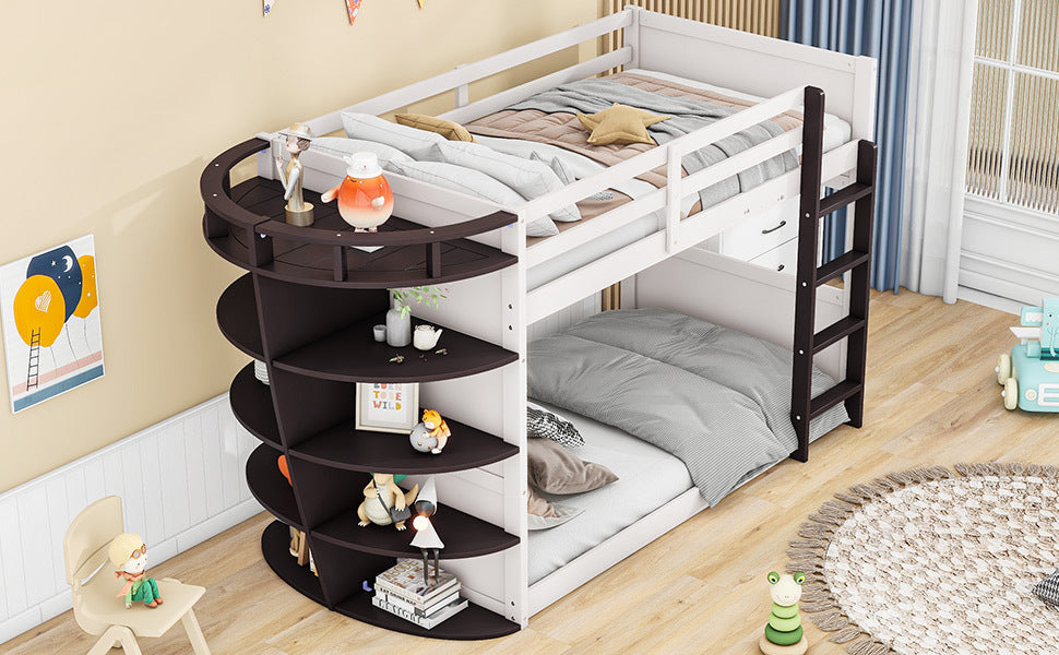 Boat-Themed Bunk Bed with Storage Shelves, Cream+Espresso