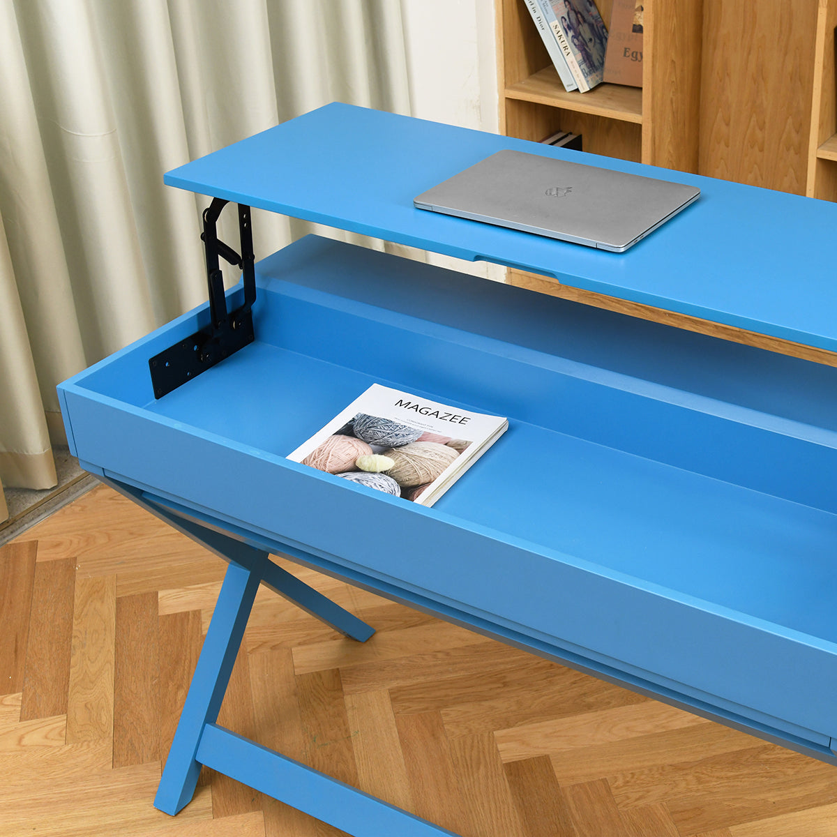 Height-Adjustable Blue Desk with 2 Drawers and Lift-Up Top