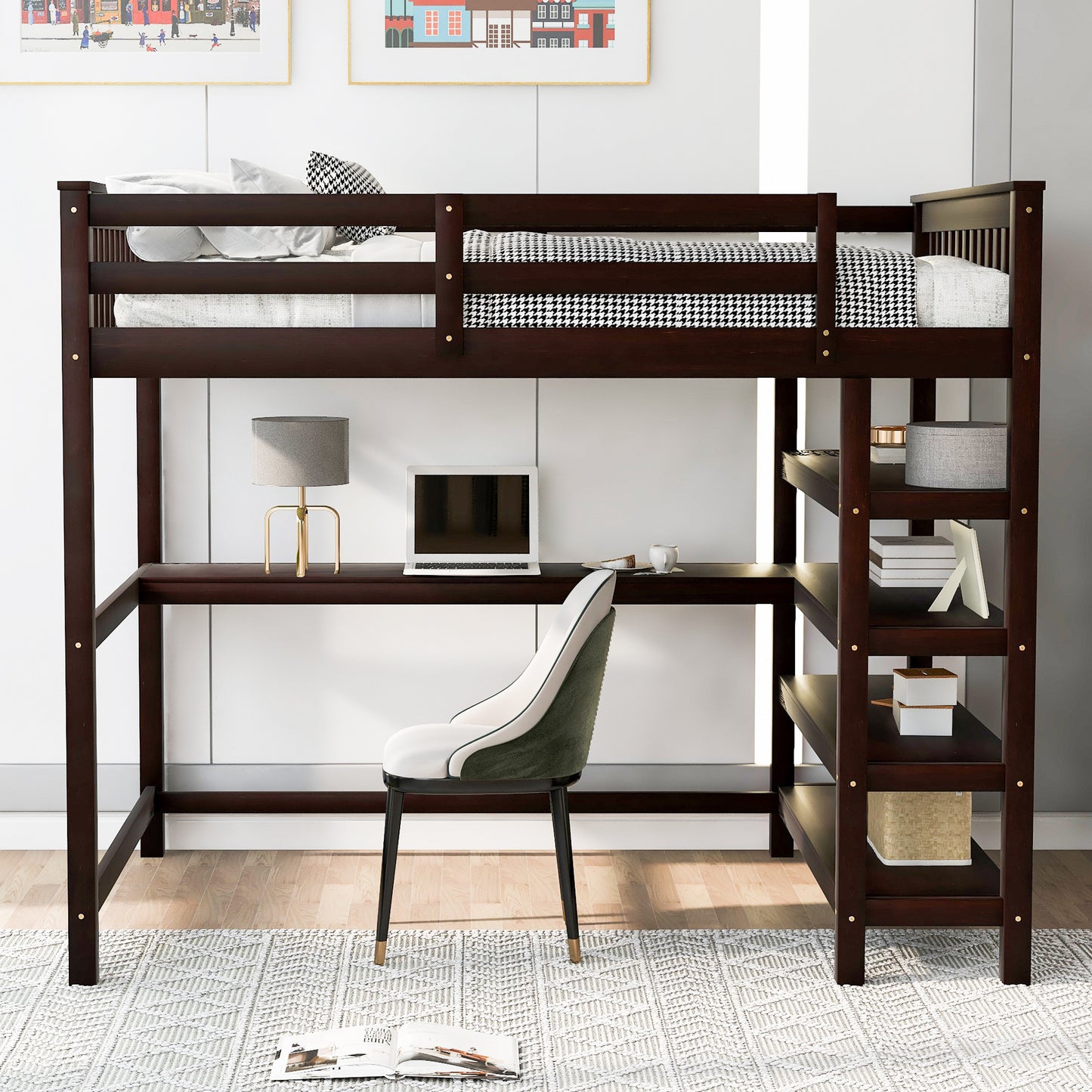 Full Size Loft Bed with Storage Shelves and Under-bed Desk, Espresso