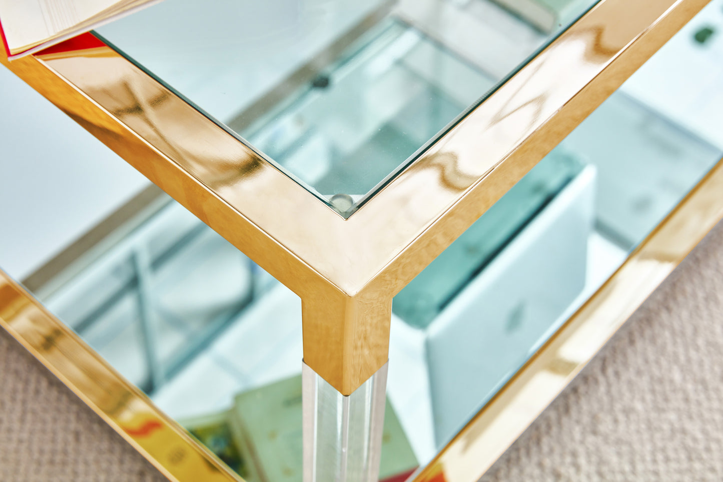 Gold Stainless Steel Coffee Table With Clear Glass Top and Acrylic Frame