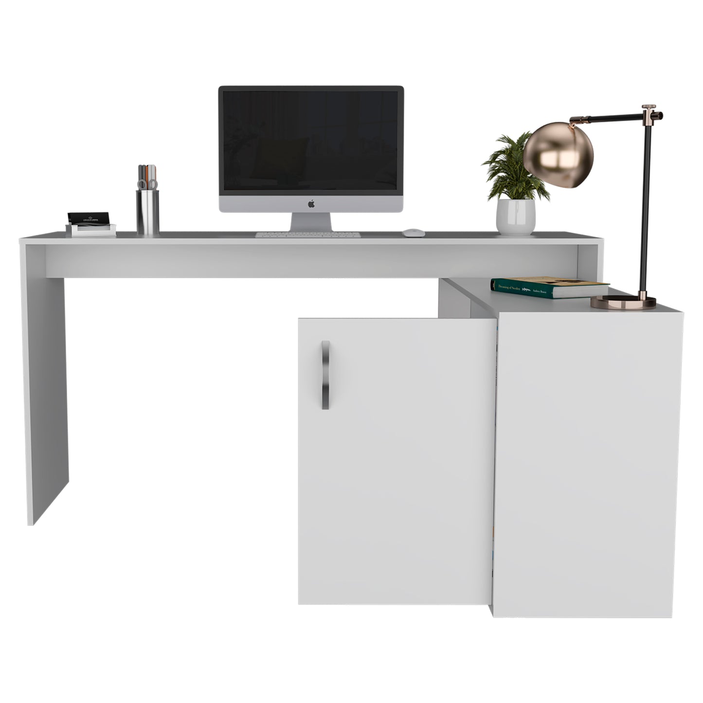 White Office Desk with Shelves and Cabinet