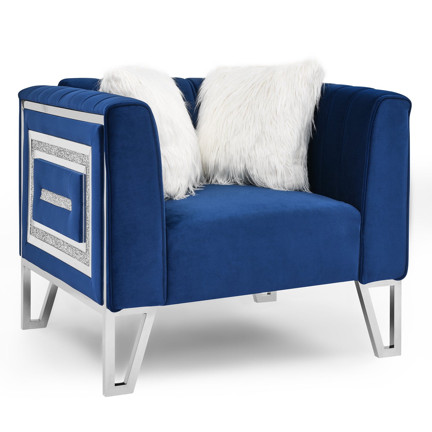 Sofa Chair with Mirrored Side Trim with Faux Diamonds and Stainless Steel Legs, Six White Villose Pillow, Blue (36.5"Lx32.75"Wx29.5"H)