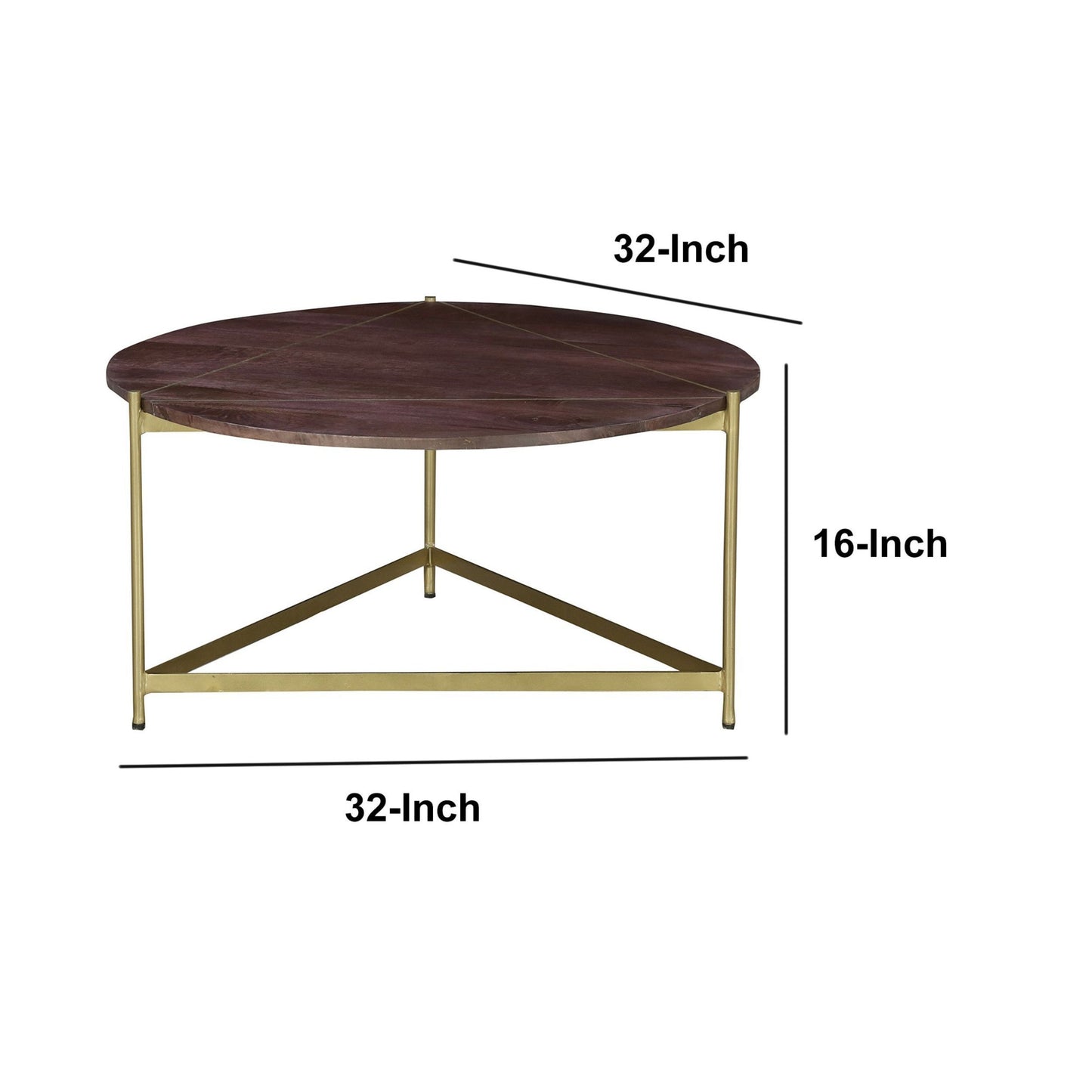 Ellis Round Wood Coffee Table with Brass Metal Base, Dark Brown and Warm Brass