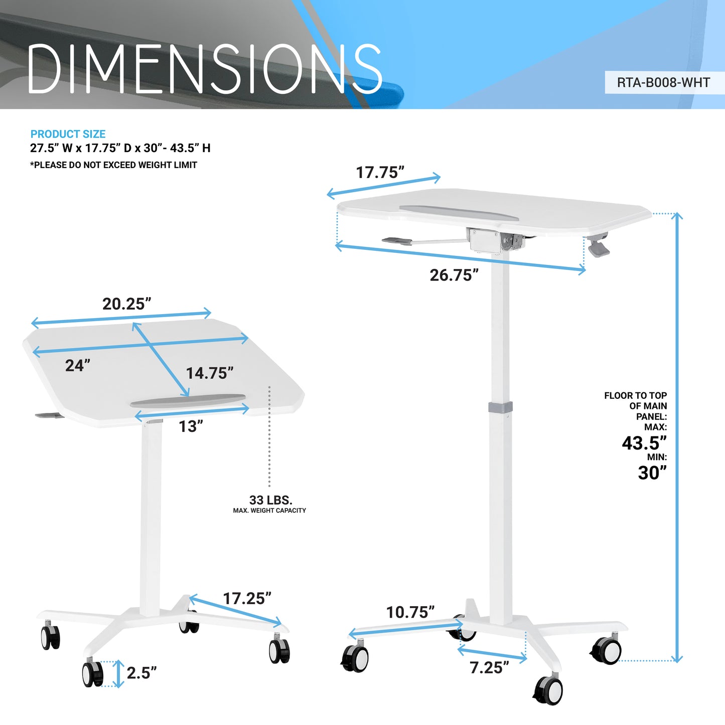 Adjustable White Laptop Stand with Tilt Tabletop and Rolling Mechanism