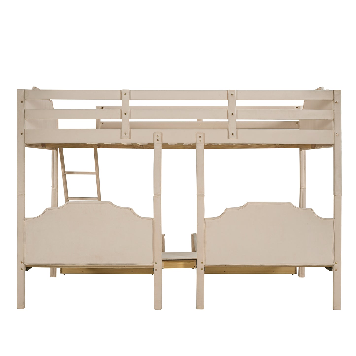 Triple Bunk Bed with Full Lower Bed, Twin Upper Bed, Velvet Finish, Beige - Space-Saving Triple Bed with Full, Twin, and Velvet Touch