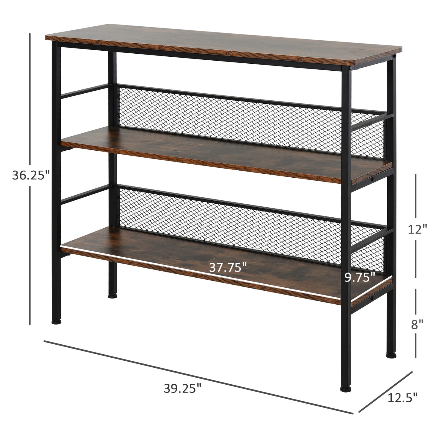 3-Tier Console Table Industrial Style Storage Metal Wooden Shelf with a Robust Multi-Functional Design & Adjustable Feet, Black