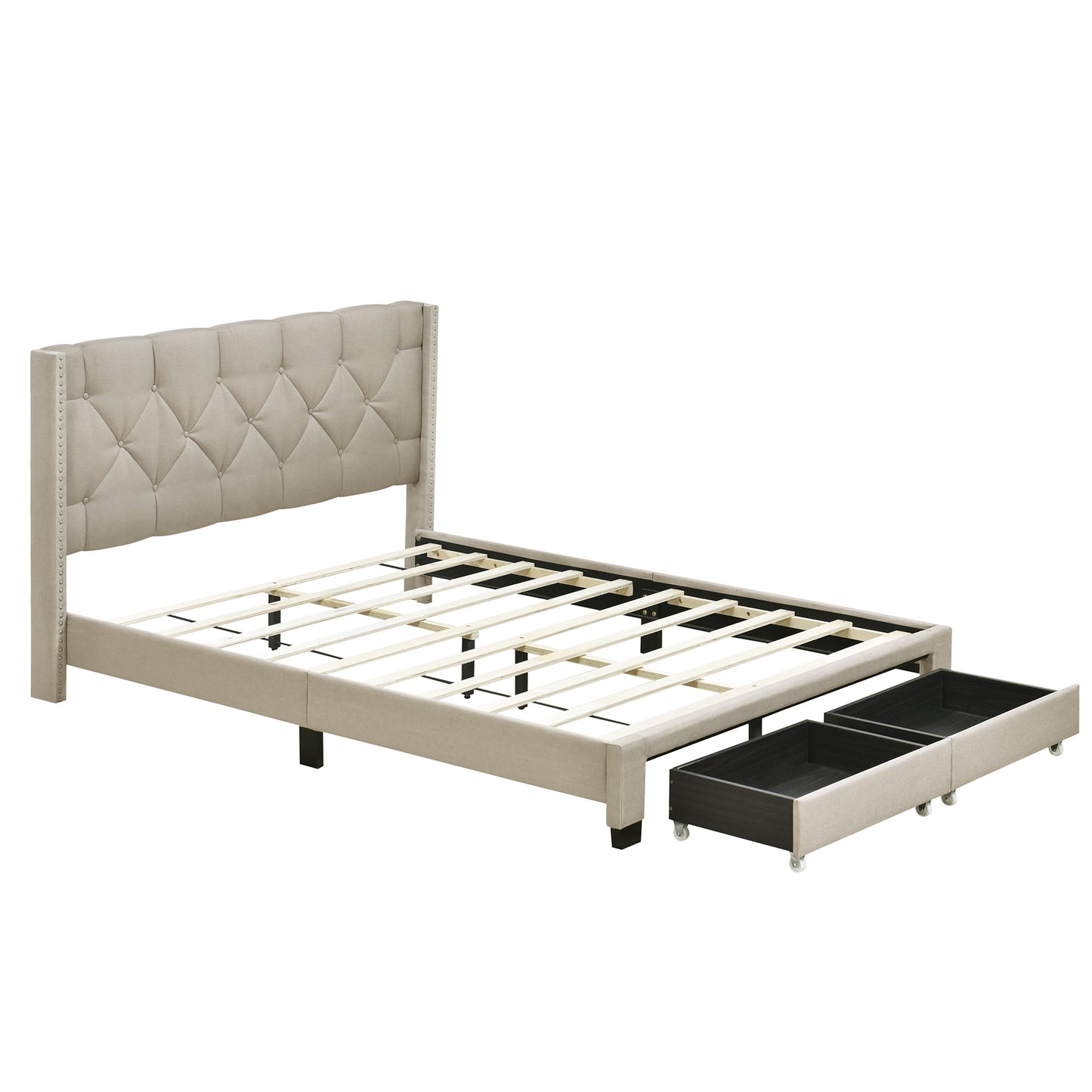 Queen Size Storage Bed Linen Upholstered Platform Bed with Two Drawers - Beige