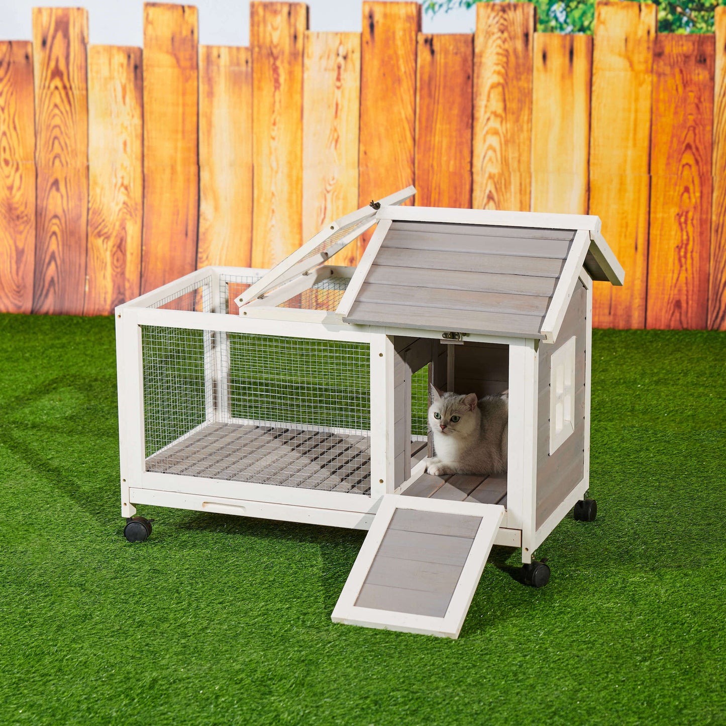 Wooden Rabbit Hutch 40.7" L x 23.4" W x 30" H, Bunny Cage  with 4 Wheels