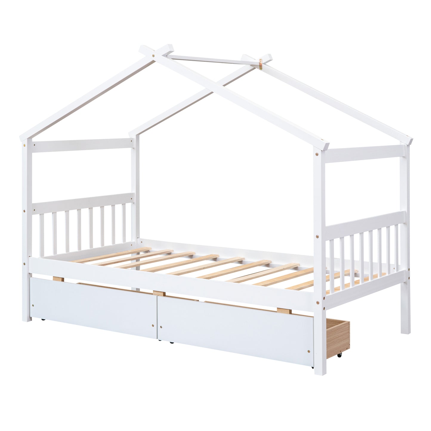 Twin Size Wooden House Bed with Drawers, White