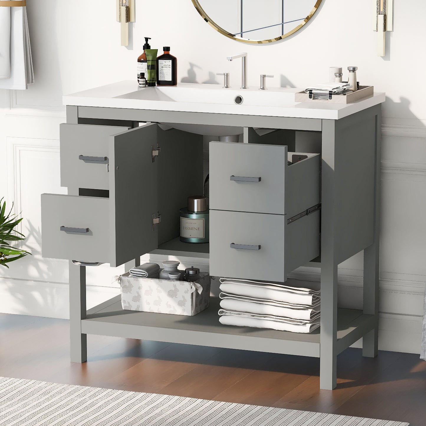 36" Gray Modern Bathroom Vanity with USB,Two Shallow Drawers, One Deep Drawer,One door,Single Resin Sink,Small Bathroom Organization Cabinet