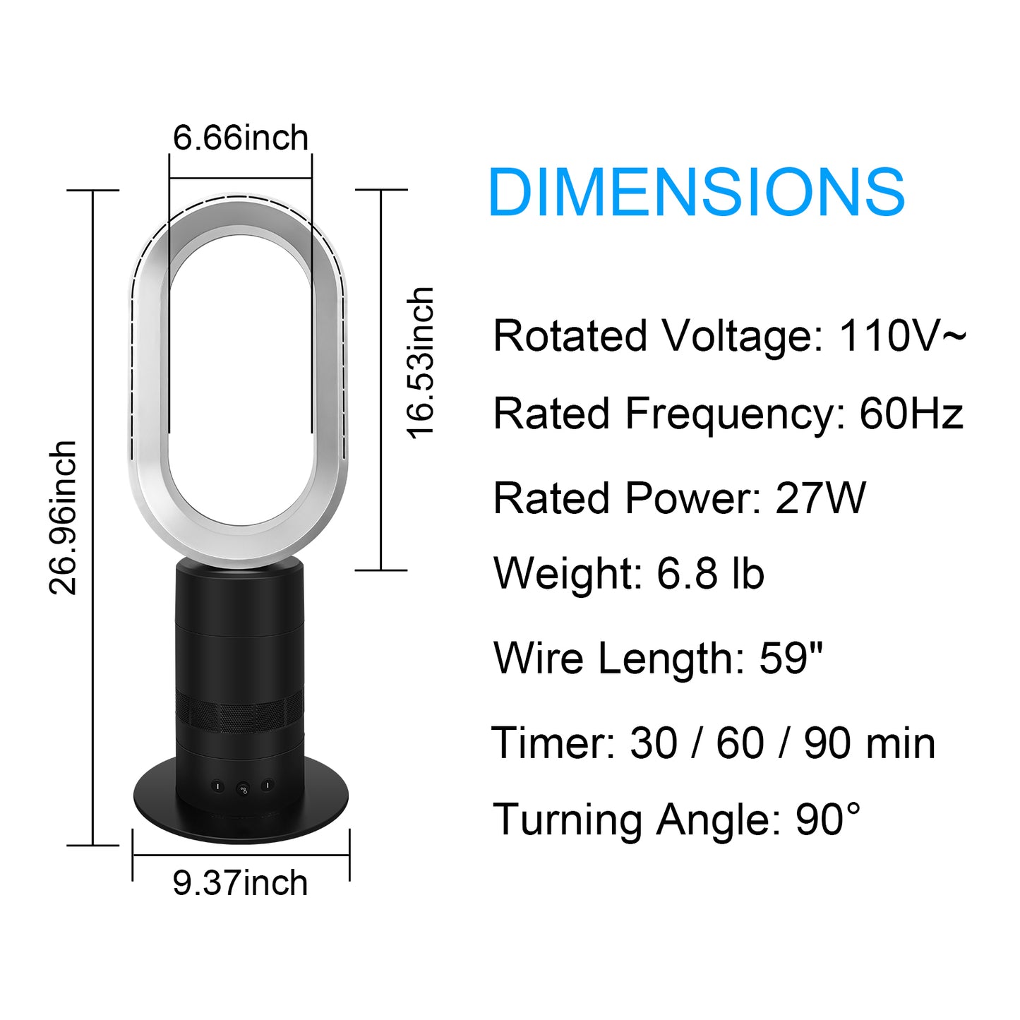 Sleek and Quiet 27 inch Bladeless Tower Fan with Remote Control