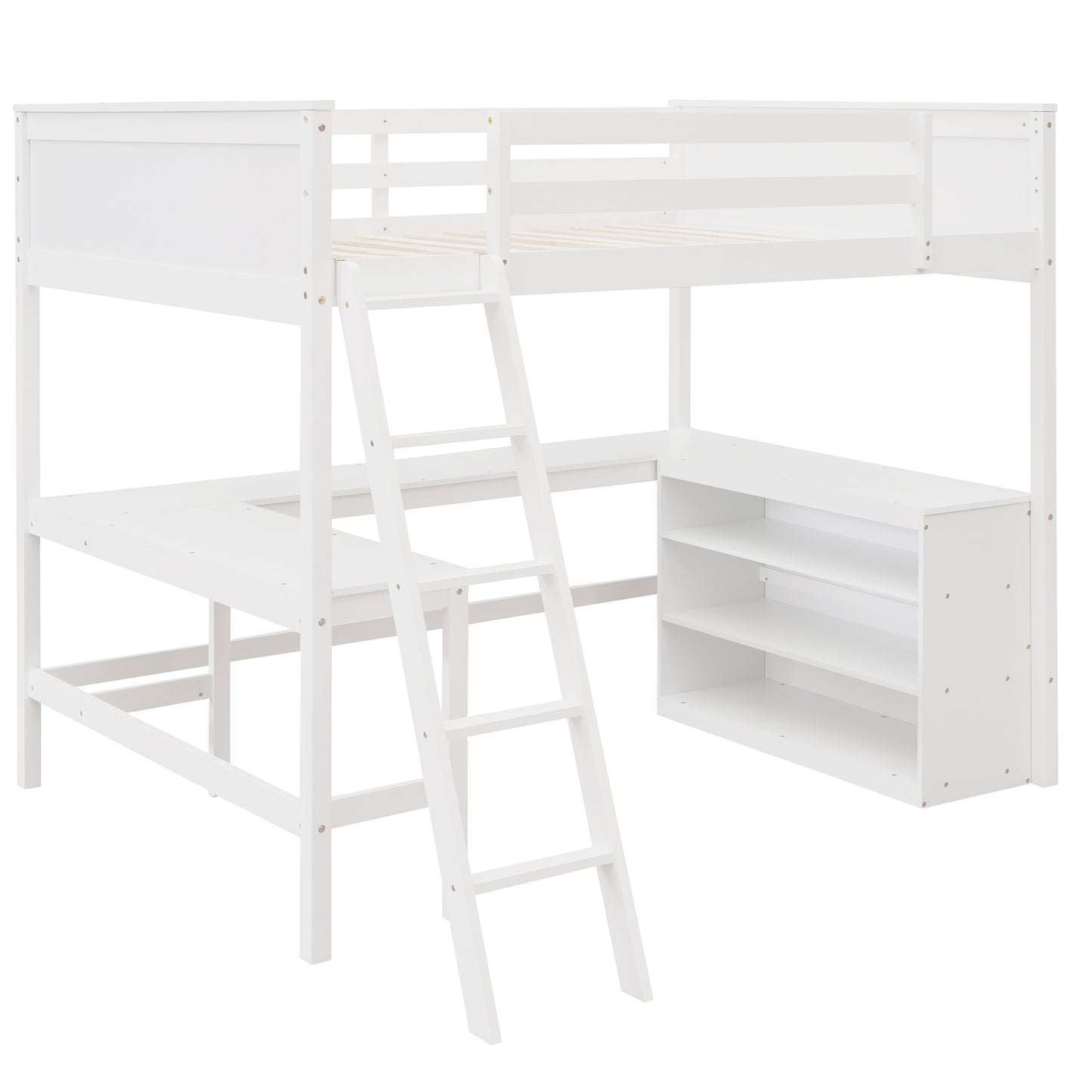 Full size Loft Bed with Shelves and Desk, Wooden Loft Bed with Desk - White