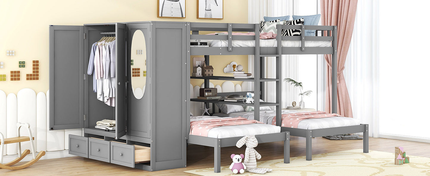 Gray Twin-Twin over Full Bunk Bed with Shelves, Wardrobe, Mirror