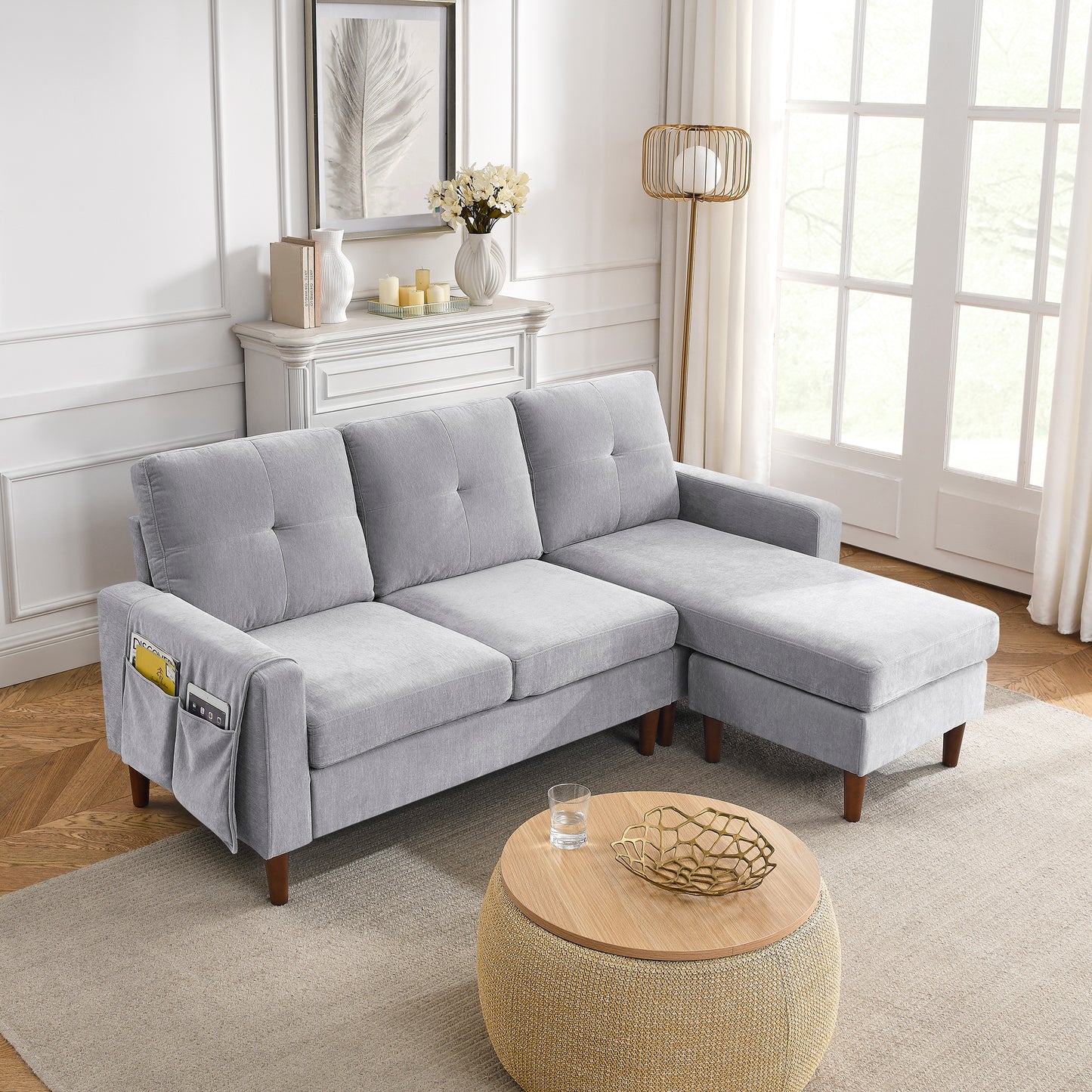 80 L-Shape Convertible Sectional Sofa with Reversible Chaise, Light Grey Chenille