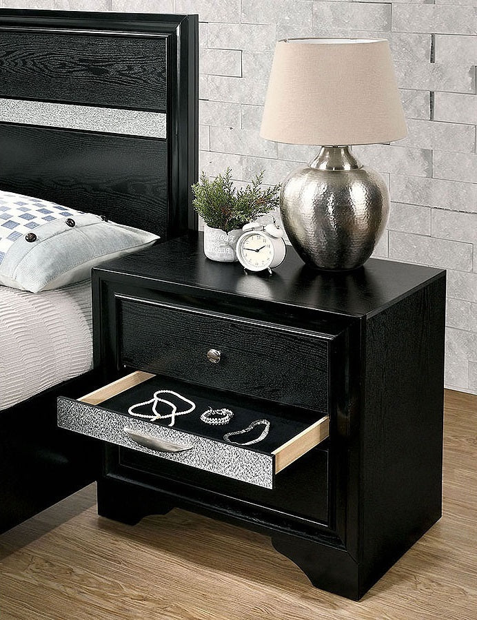 Contemporary 1pc Nightstand Black Finish Silver Accents Hidden Jewelry Drawer Nickel Round Knob Bedside Table Bedroom Furniture