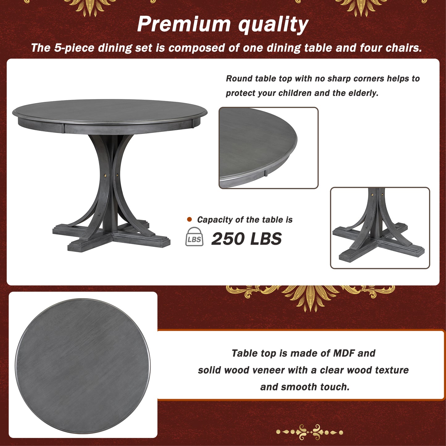 TREXM 5-Piece Retro Round Dining Table Set with Curved Trestle Style Table Legs and 4 Upholstered Chairs for Dining Room (Dark Gray)