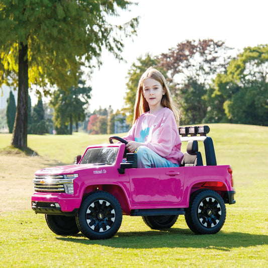 Pink, 24V 2 Seater Ride On Truck Car, Licensed Chevrolet Silverado HD Electric Car for Kids, 4WDmotors, with2.4G Remote Control, Metal Suspension, Soft Start, FM/Bluetooth/Music, LED Light,Toys Gifts