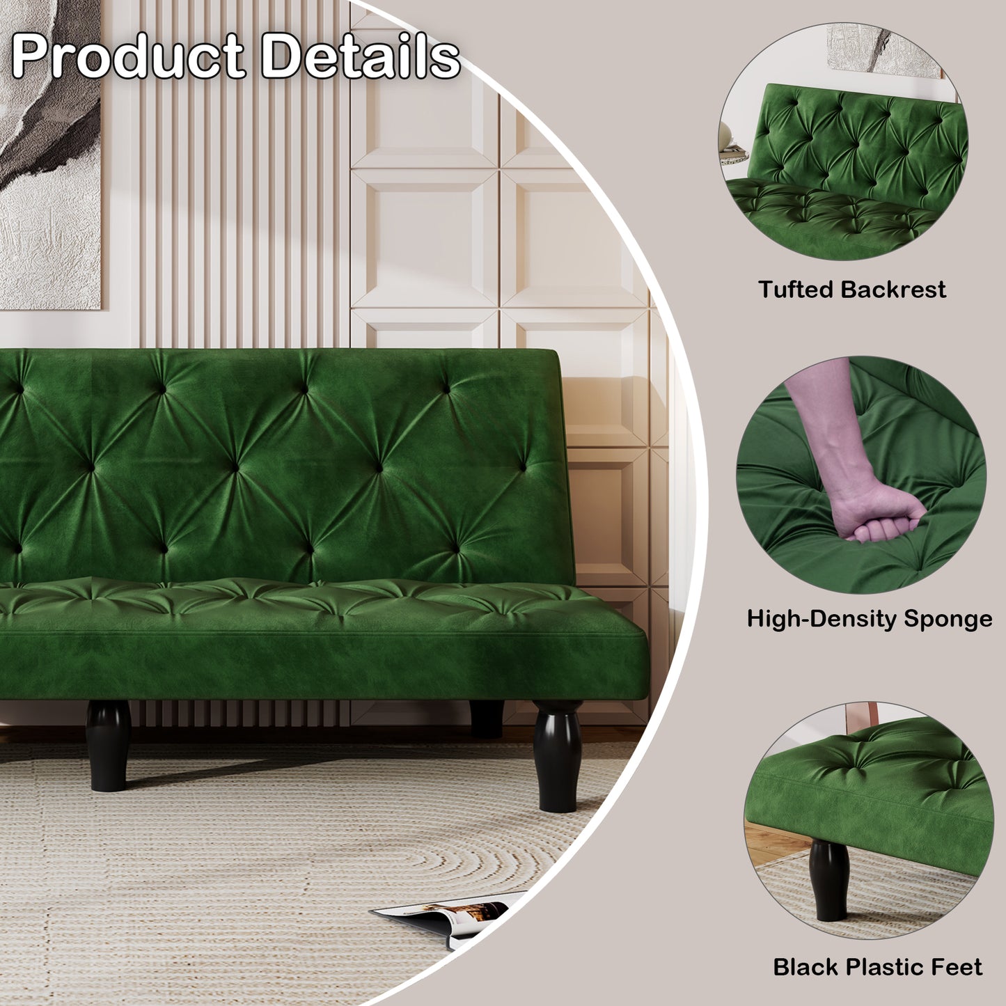 Elegant Green Velvet Sofa Bed with Adjustable Comfort Settings