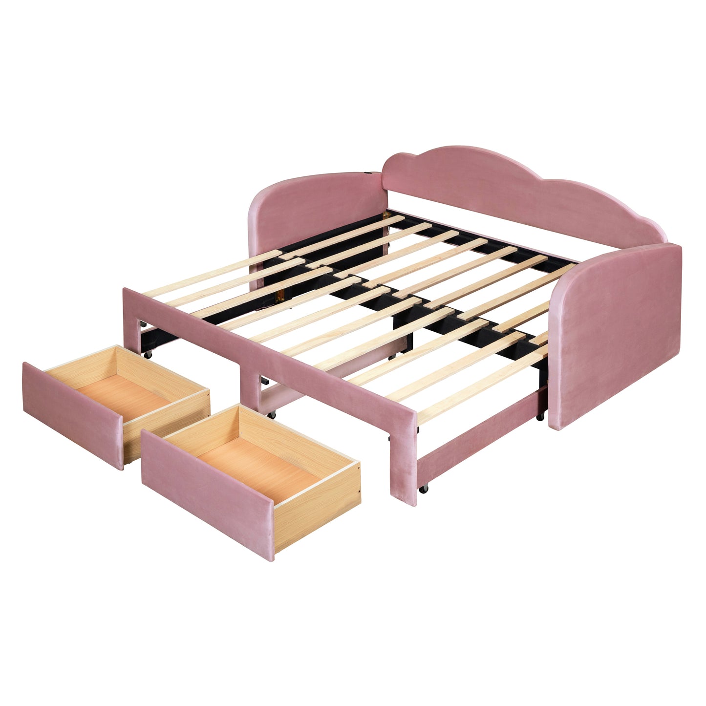 Twin Size Upholstered daybed with Cloud-Shaped Backrest, Trundle & 2 Drawers and USB Ports, Pink