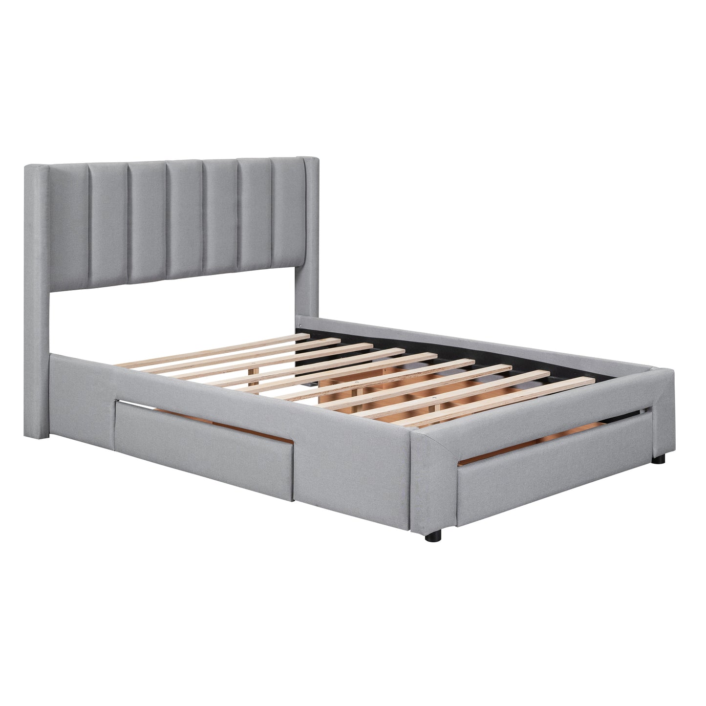 Full Size Upholstered Platform Bed with One Large Drawer in the Footboard and Drawer on Each Side,Gray