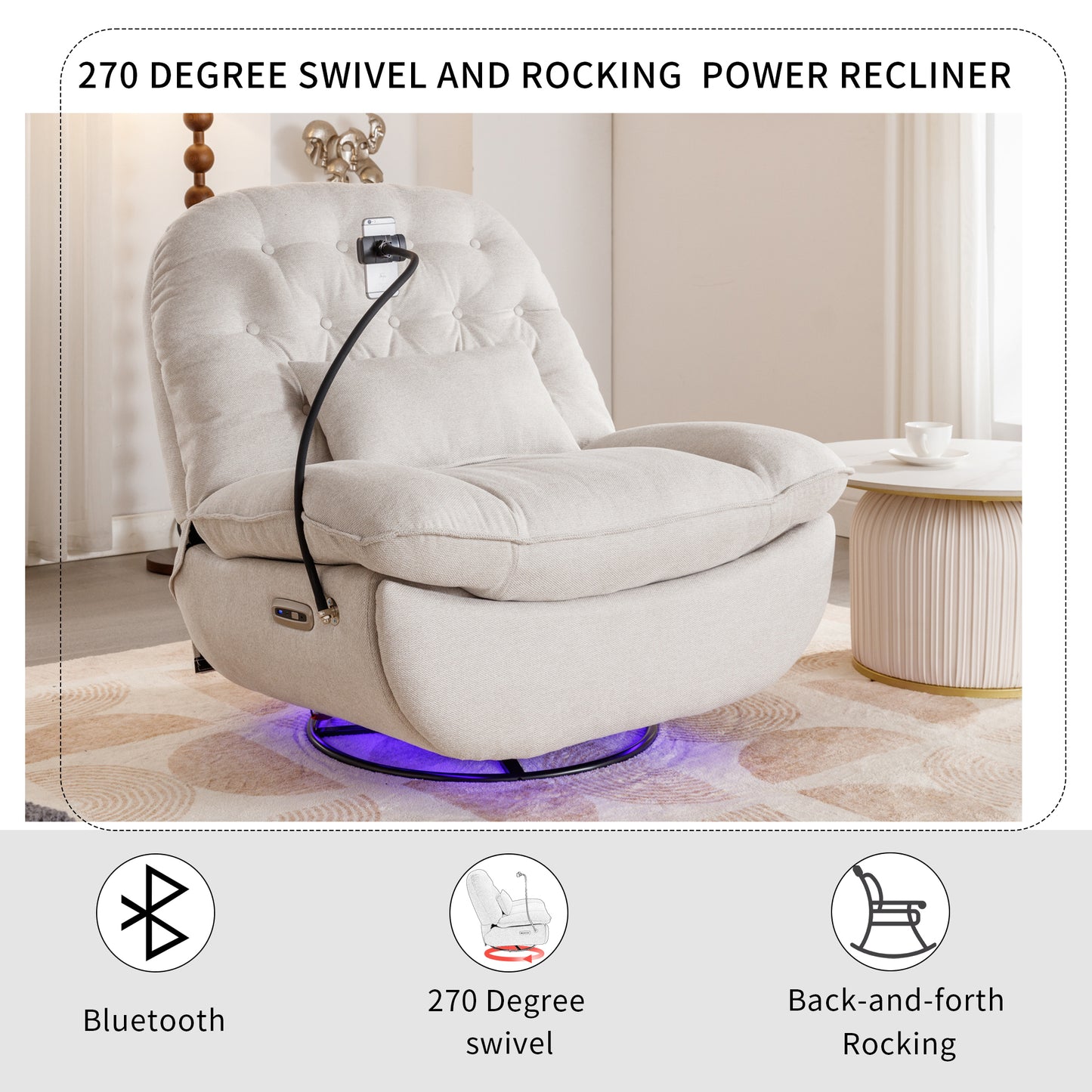 Smart Beige Power Recliner with Swivel, Voice Control, Bluetooth, USB Ports, Atmosphere Lamp, and Mobile Phone Holder