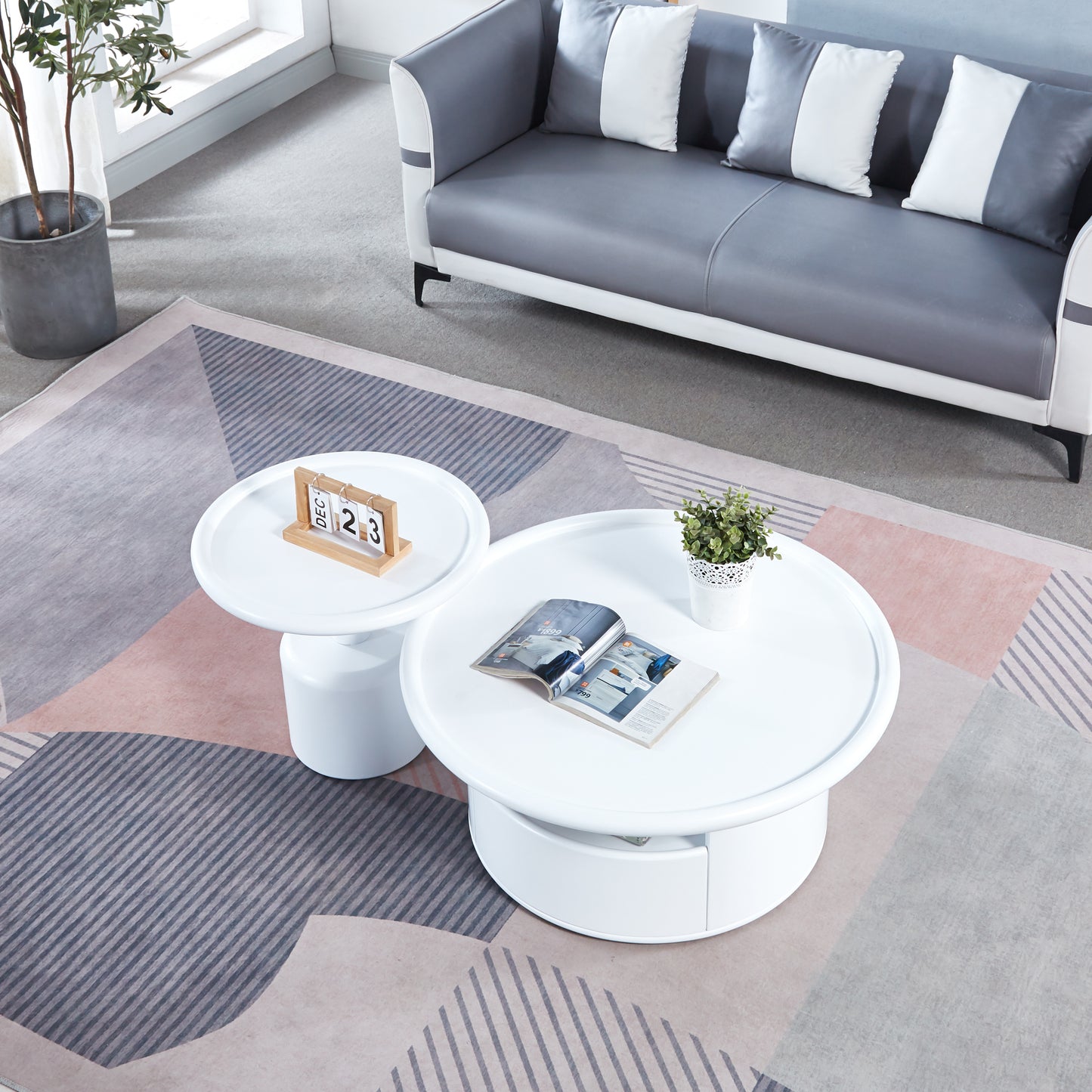 Elegant White MDF Round Coffee Table Set for Living Room, Bedroom with Sleek Design