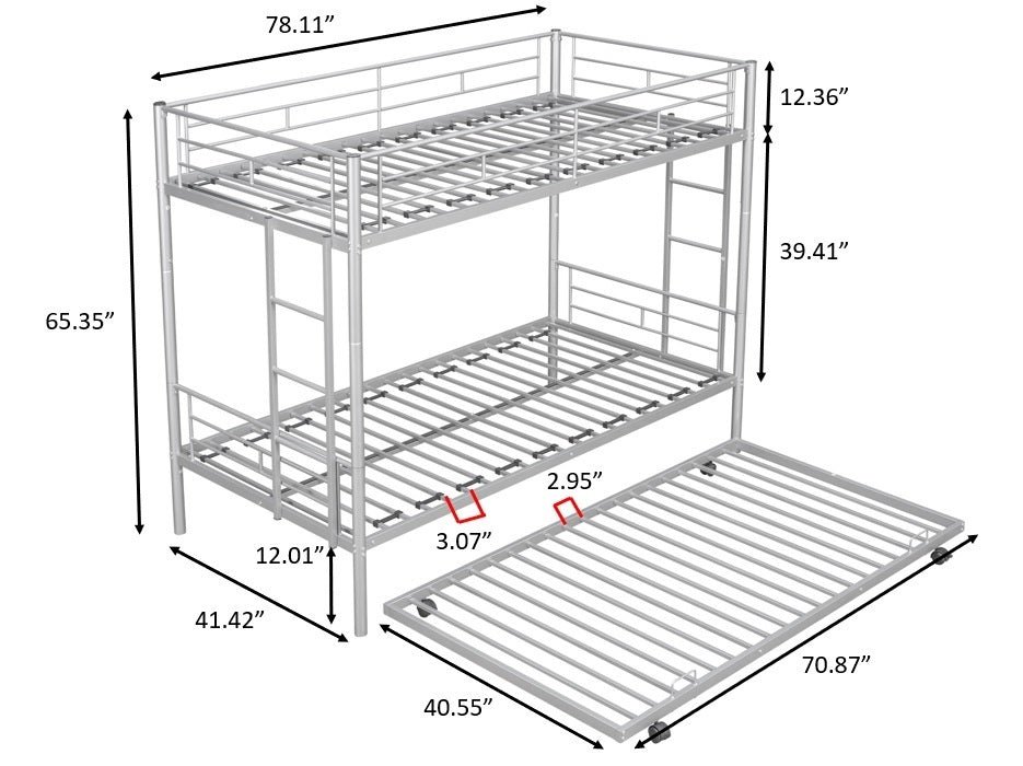 Metal Twin Bunk Bed with Trundle and Safety Features for Versatile Use