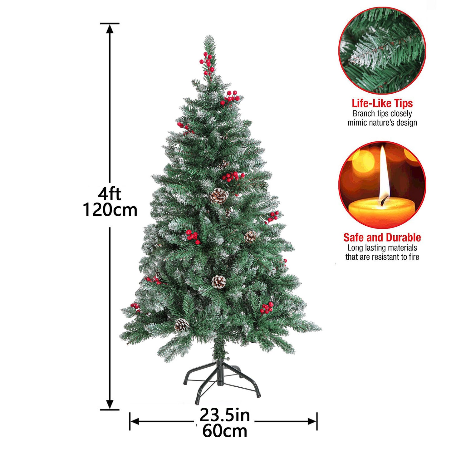 4ft Pre-Lit Green Artificial Christmas Tree with LED Lights, Pinecones, and Berries