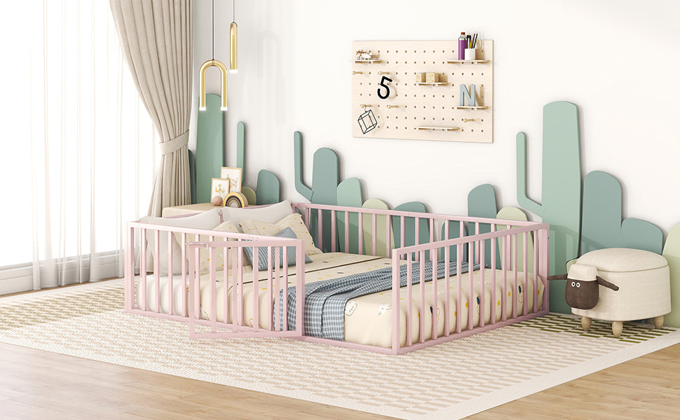 Queen Size Metal Floor Bed Frame with Fence and Door, Pink