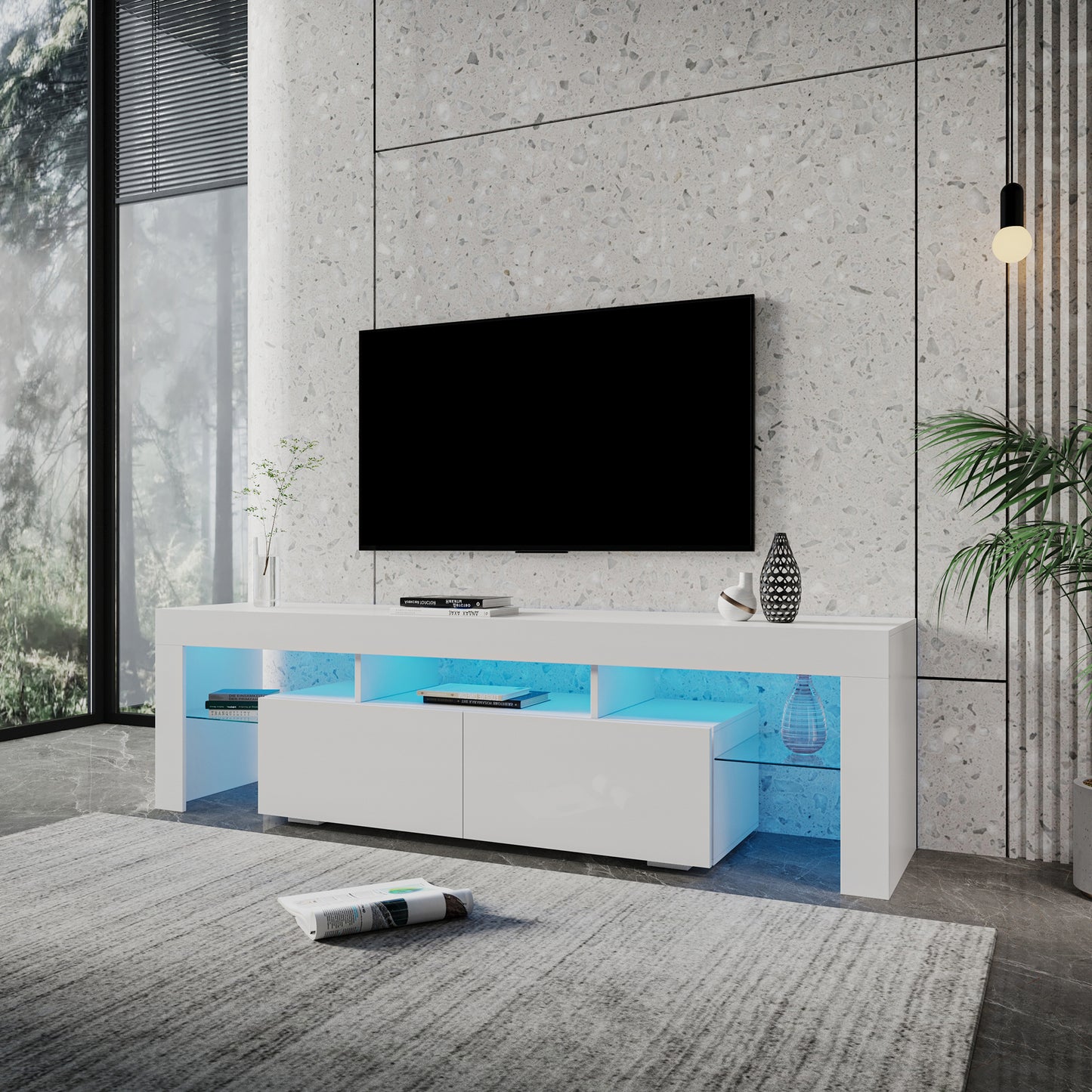 Contemporary White Gloss TV Stand with 80-inch LED Lights and Remote Control