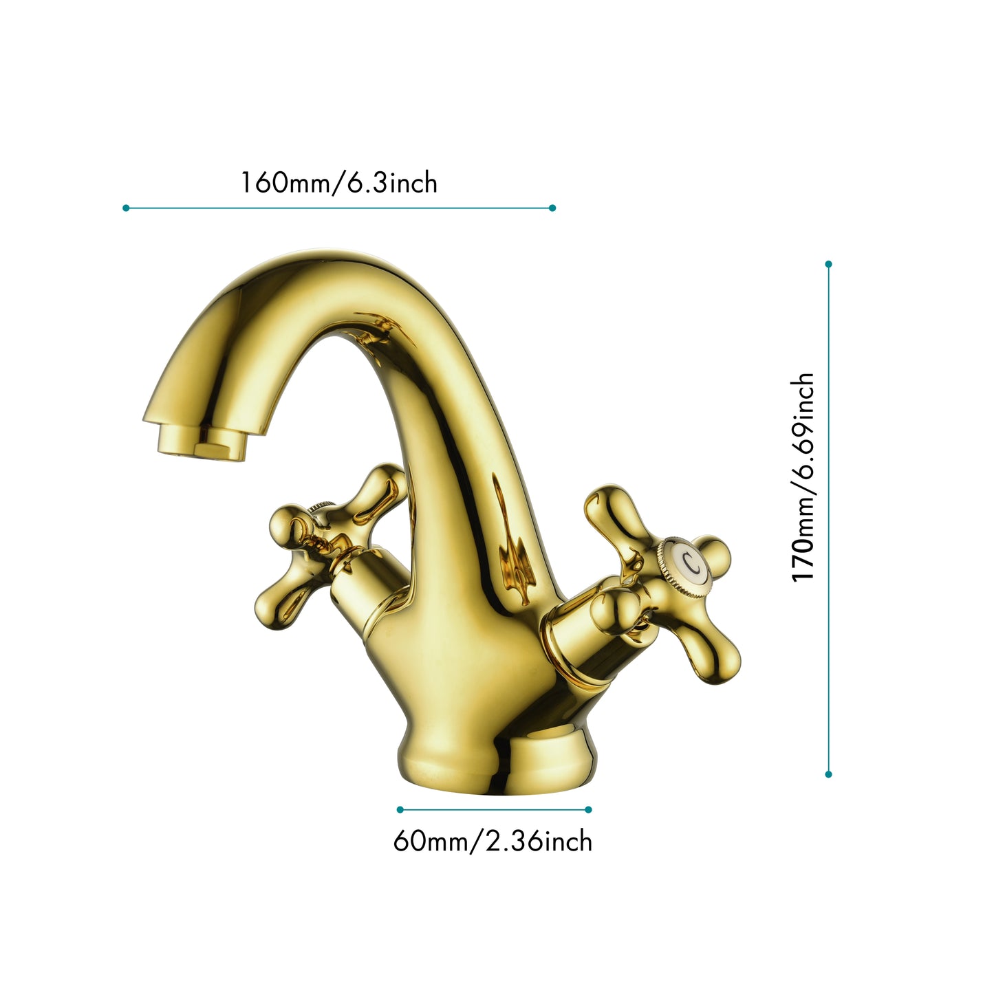 Gold Polished Bathroom Sink Faucet with Double Cross Knobs and Cover Plate