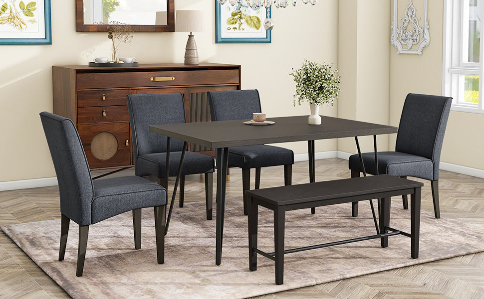 Modern 6-Piece Dining Table Set with V-Shape Metal Legs, Wood Kitchen Table Set with 4 Upholstered Chairs and Bench for 6,Espresso