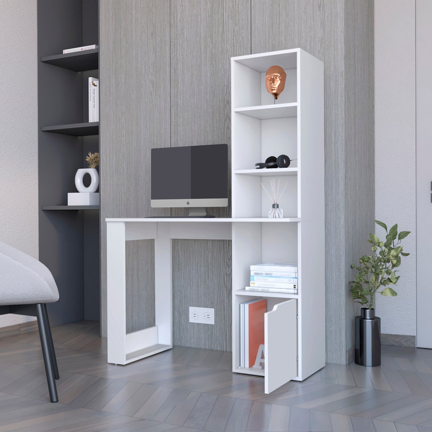 Aragon Office Desk with White Finish, Built-In Bookcase, and Lower Cabinet