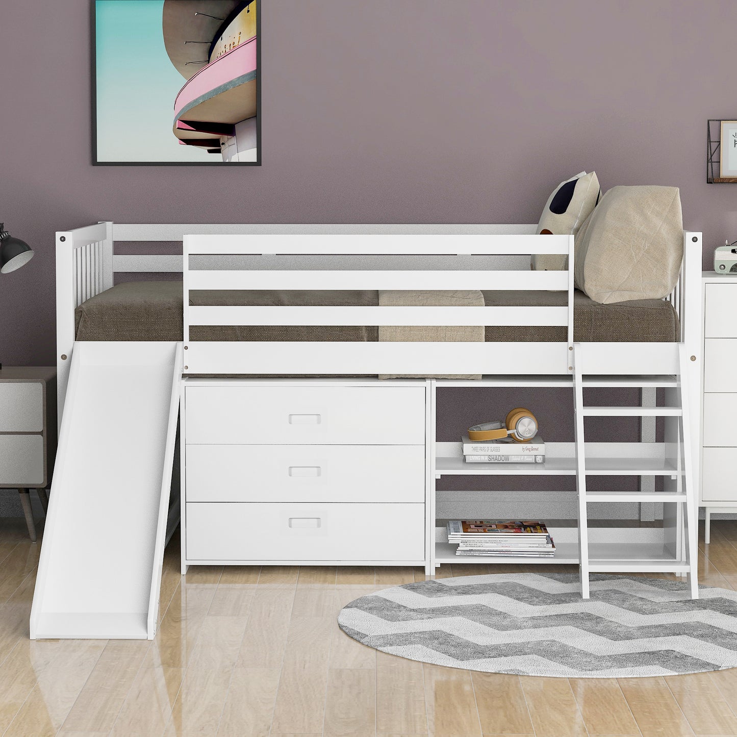 Low Loft Bed with Attached Bookcases and Separate 3-tier Drawers,Convertible Ladder and Slide,Twin,White