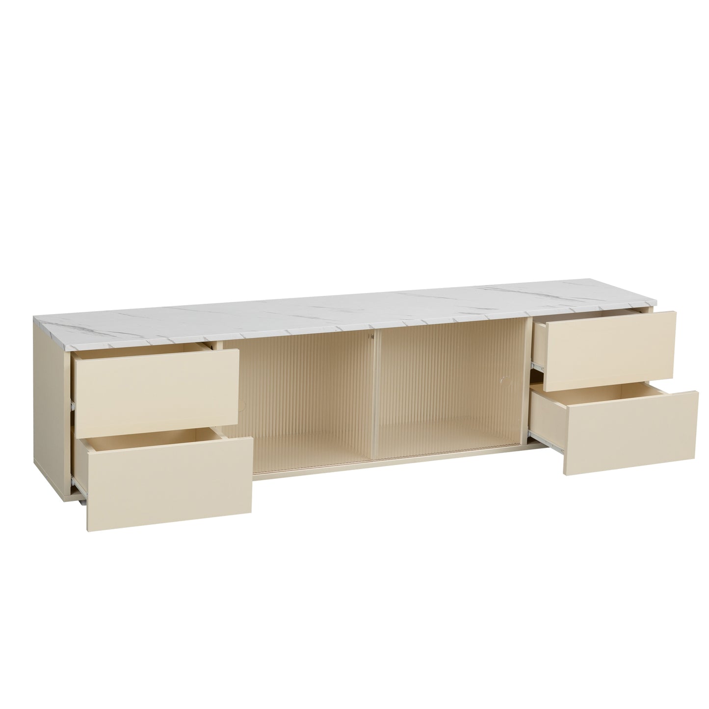 Beige LED TV Stand with UV Drawer Panels, Sliding Doors, and LED Lights