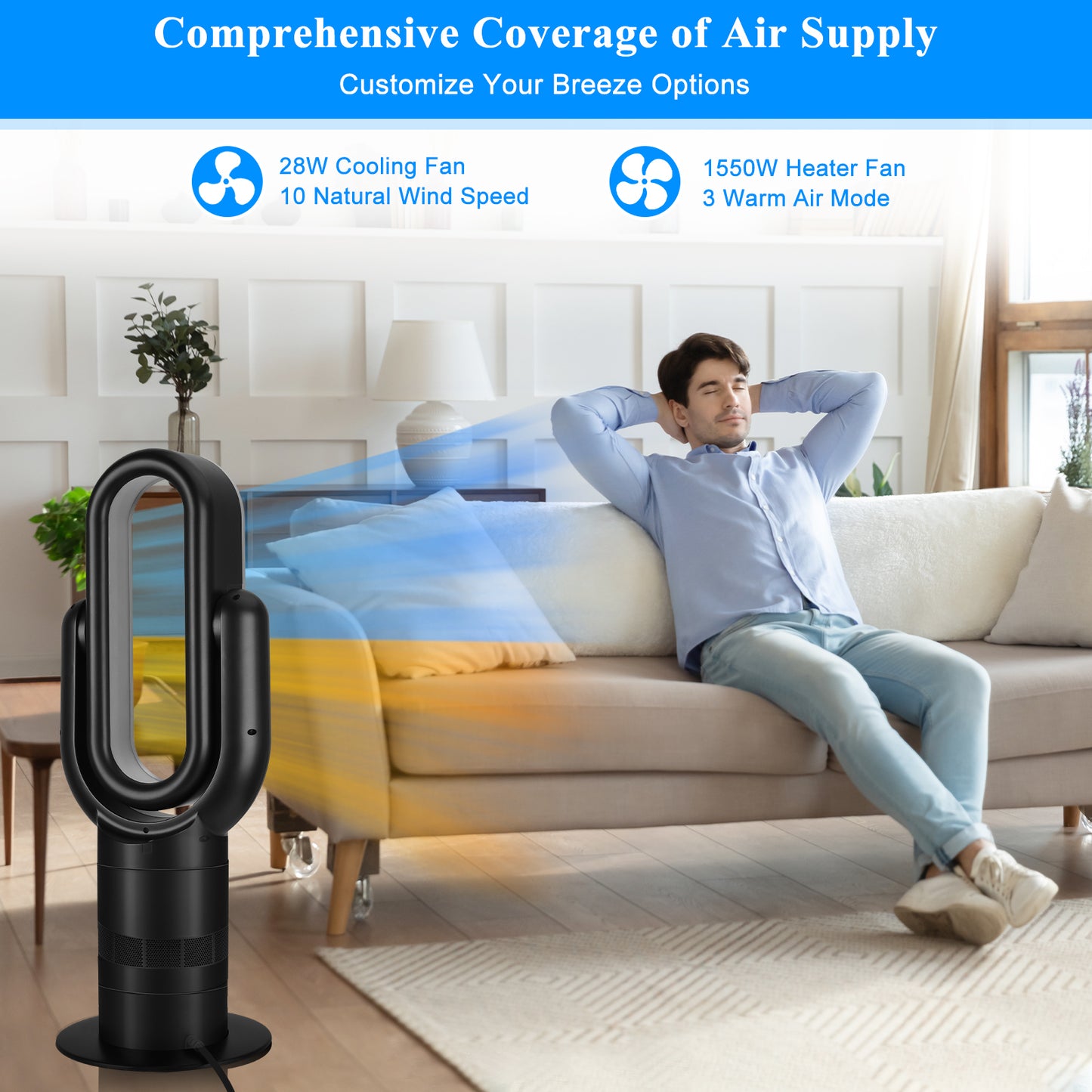 HealSmart 26-inch Bladeless Tower Fan Heater & Cooling Combo with Remote Control - Black