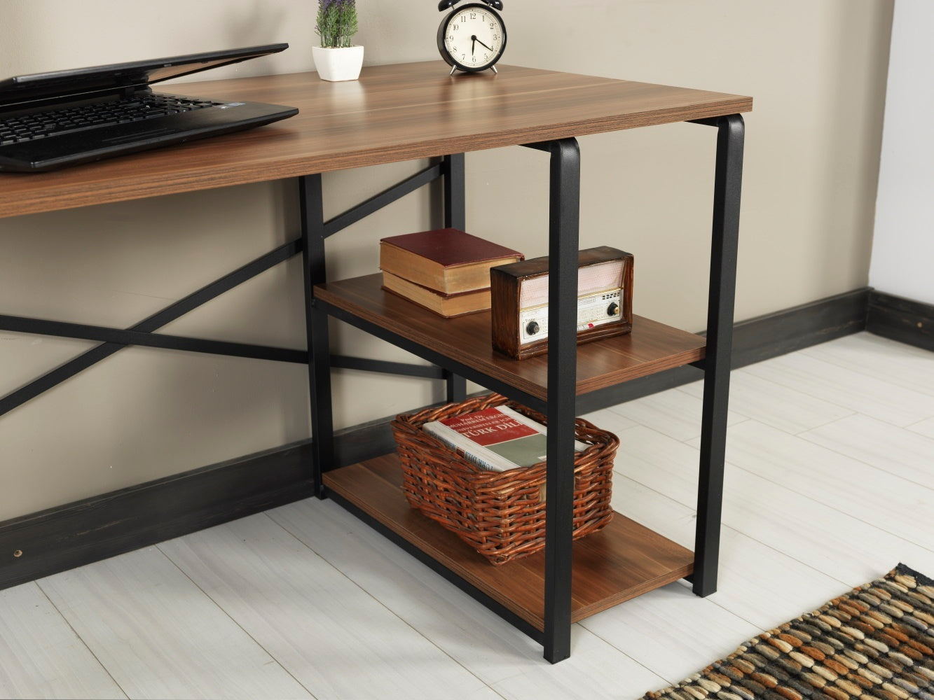 Sleek Walnut Writing Desk with Black Metal Frame and 2 Shelves