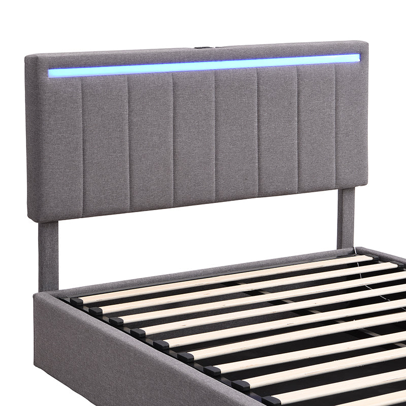 Full Size Upholstered Platform Bed with Hydraulic Storage System, LED Light, and a set of USB Ports and Sockets, Linen Fabric, Gray