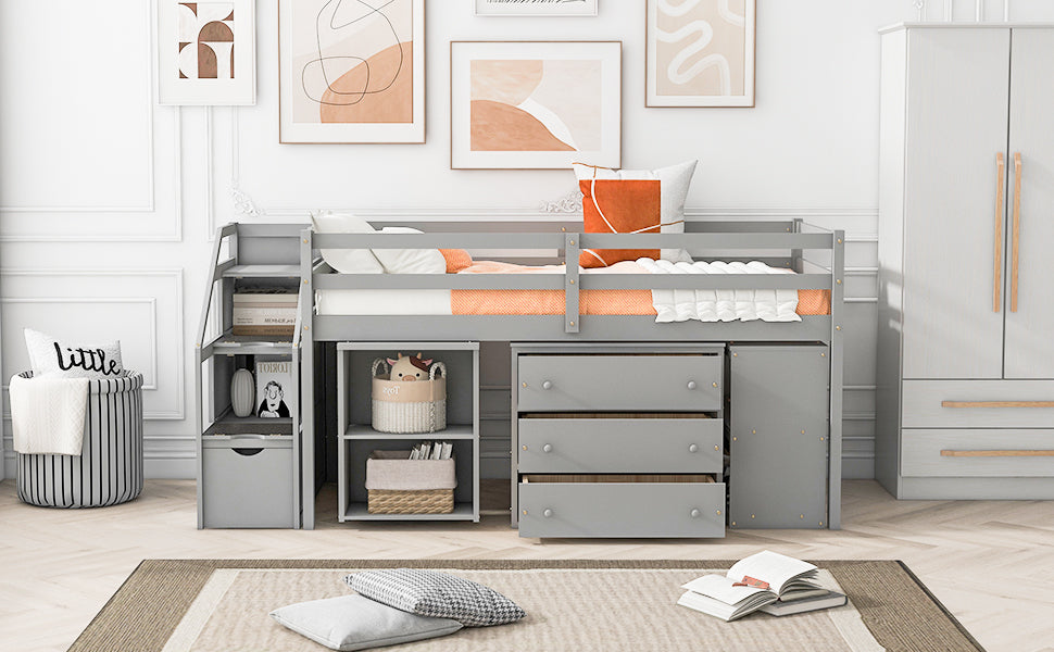 Twin Size Loft Bed with Retractable Writing Desk and 3 Drawers, Wooden Loft Bed with Storage Stairs and Shelves, Gray