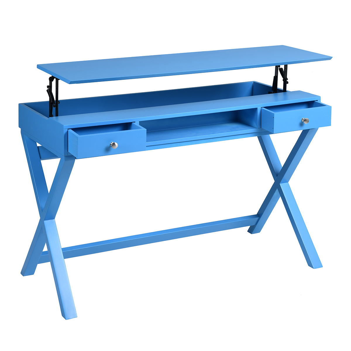 Height-Adjustable Blue Desk with 2 Drawers and Lift-Up Top