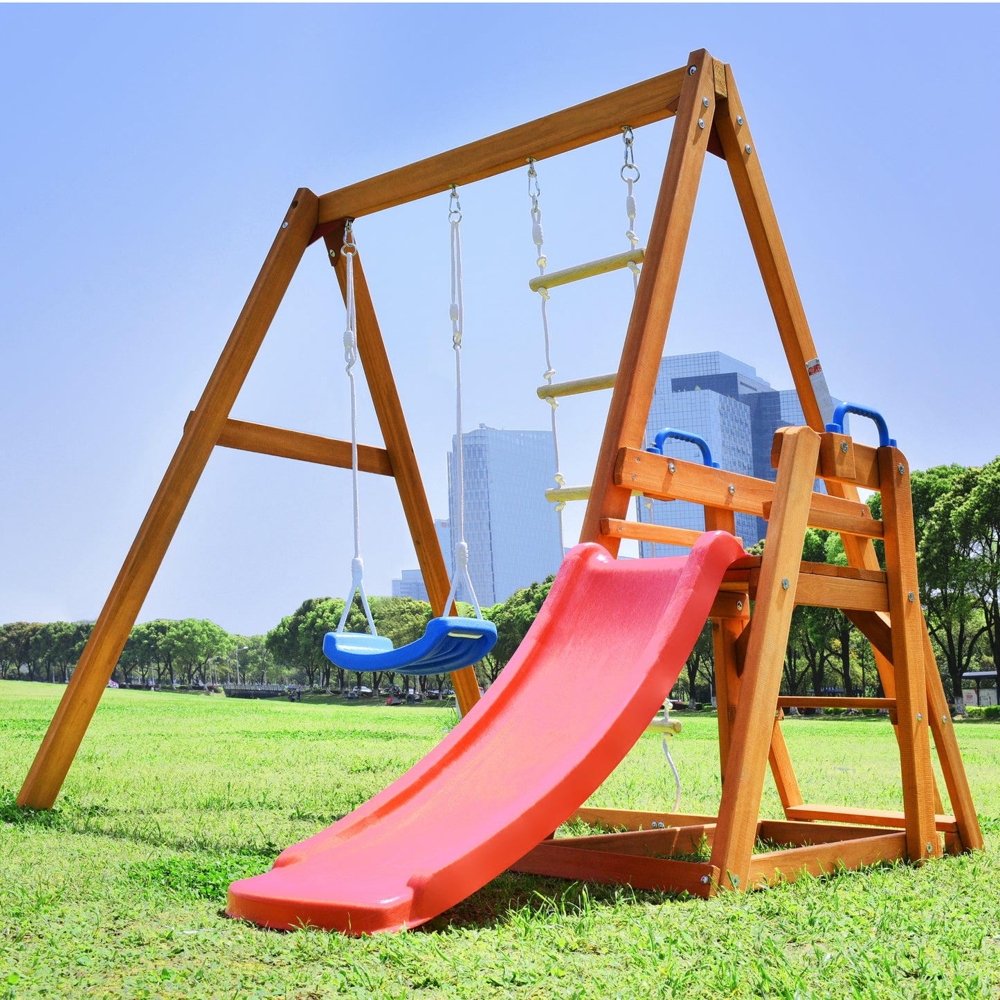 Wooden Outdoor Swing Set with Slide, Climbing Rope Ladder, and Swing for Kids